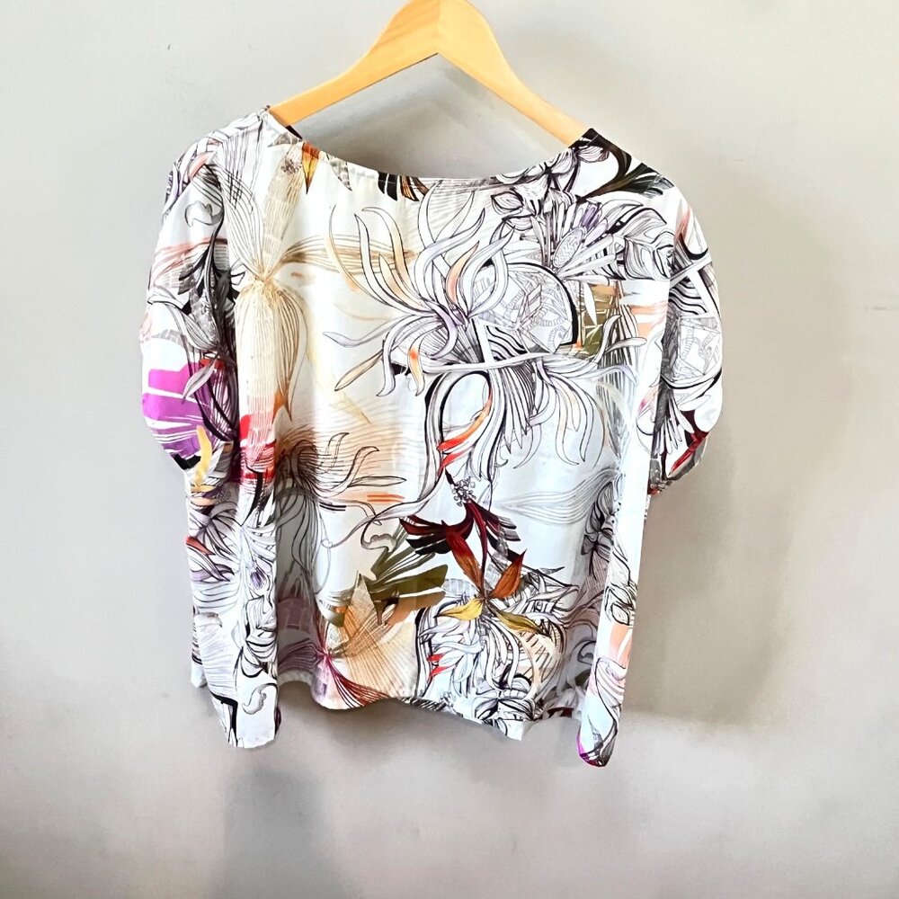 Bryn Walker Tropical Floral Watercolor Sketch Print Short Sleeve Blouse- Size M
